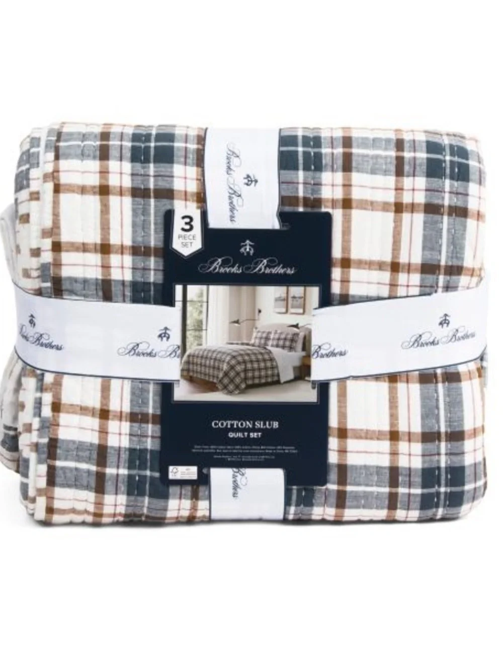 Brooks Brothers Plaid Cotton Slub Quilt Set in Blue, Brown, and White